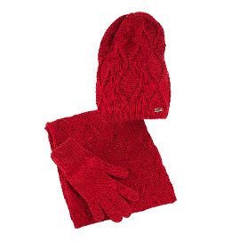 Set invernale: cappello con sciarpa e guanti rossi