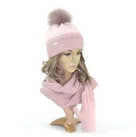 Cappello invernale da bambina con pompon rosa cipria