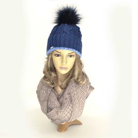 Cappello in lana blu navy con pompon